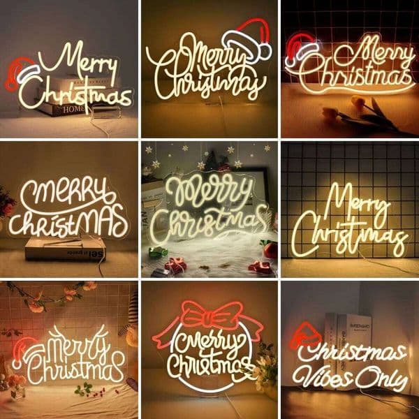 LED Merry Christmas Neon Led Sign Santa Hat Xmas Room Decoration For Home Party Bar Bedroom Club USB Powered Lamp Wall Letter Signs X260107