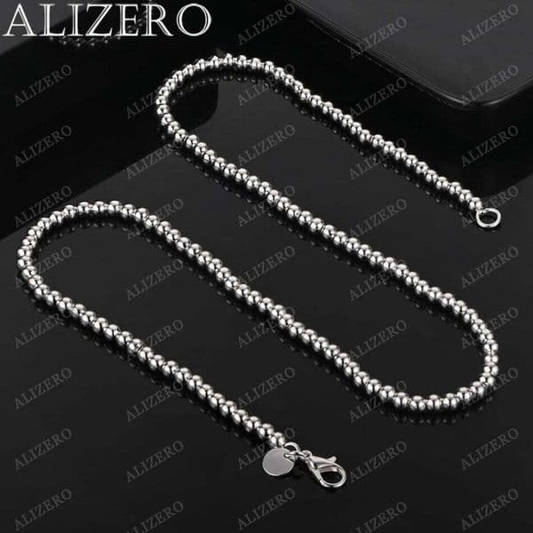 ALIZERO 925 Sterling Silver Smooth 4mm Beads Chain Necklace For Women Man Jewelry Gifts Personality Fashion Bead Necklaces