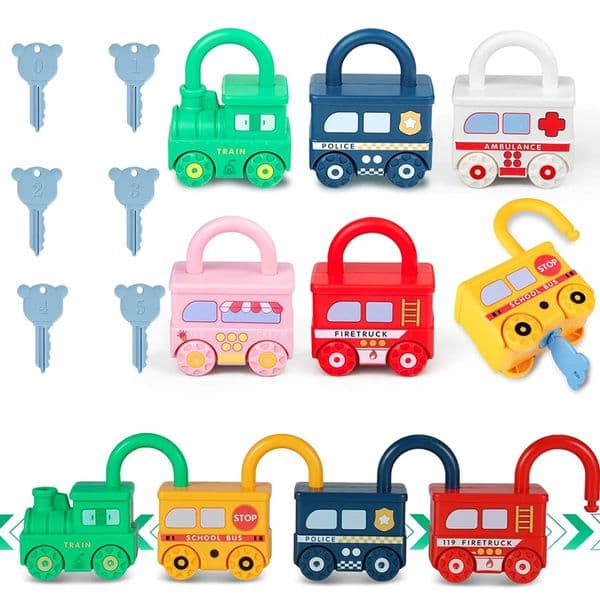 3Pcs Early Learning Lock Unlock Car Train Toy with Keys Kids Montessori Math Motor Skill Educational Toys Birthday Xmas Gift 260104BJ