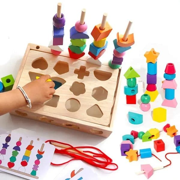 5 in1 Montessori Wooden Toys Color Shape Cognition Blocks Matching Sorting Game Beaded Early Educational Toys Gift for Children 260104BJ