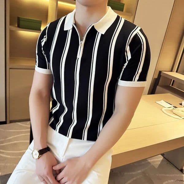 Men Slim-fit Knitted Polo Shirt Striped Patchwork Leisure T-shirt Casual Zipper Short Sleeve Tops Business Knitwear 260106