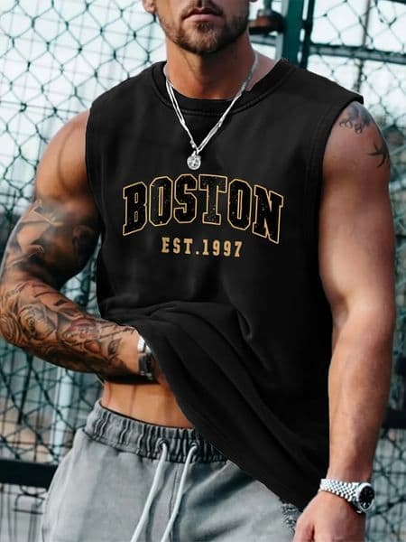 Mens summer fashion casual sports loose Boston est 1997 Print comfortable breathable round neck sleeveless vest 260104BJ