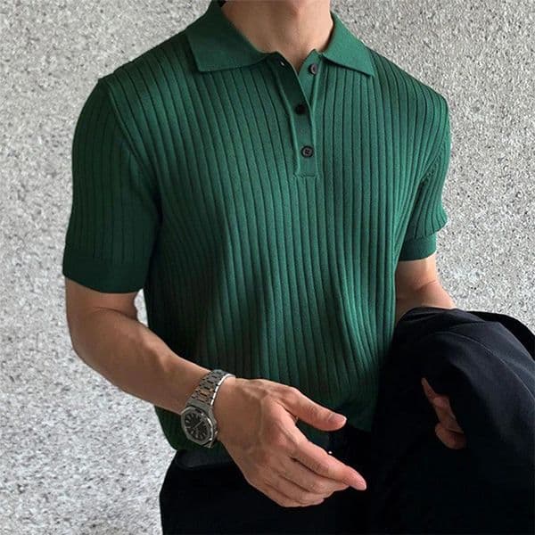 Summer Mens Clothing Retro Knit Lapel Striped Polo Shirt Solid Color Short Sleeve Fashion Light Knitwear M3XL 260107BANJIA