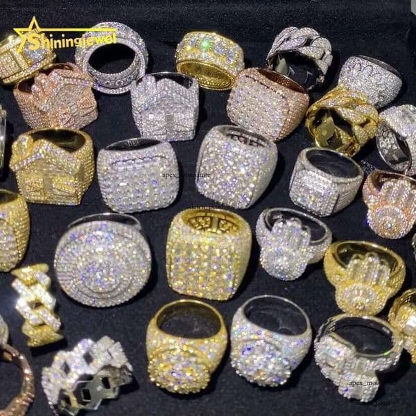 Hot Sale Multiple Choice Custom Iced Out Hip Hop VVS Moissanite 925 Sterling Silver Rings Diamond Jewelry Ring for Men