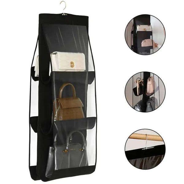 Black Hanging Organizer With 6 Pockets Foldable Oxford Cloth Handbag Storage Bag For Family Closet Bedroom 26T0107
