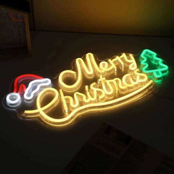 LED Merry Christmas Neon Led Sign Warm Wall Lights Santa Hat Xmas Tree Room Decoration Home Party Bedroom Bar Club USB Powered Lamp X260107