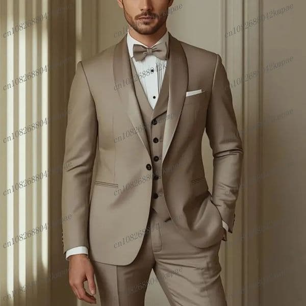 khaki Formal Men Suit Groom Groomsman Wedding Party Prom Business Male Tuxedos 3 Piece Set Blazer Vest Pants 260106BANJIA