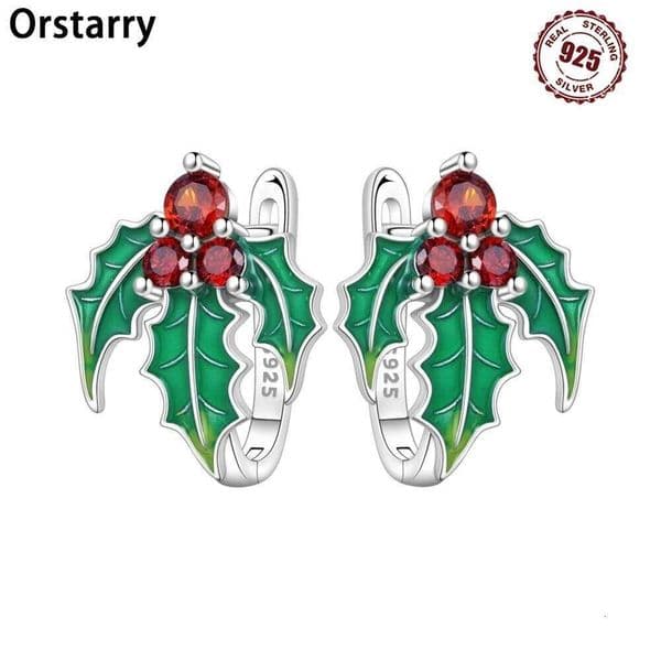 Orstarry 925 Sterling Green Christmas Holly Silver Hoop Earrings For Women Jewelry Original Party Gifts