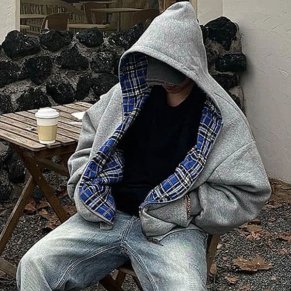 Casual Retro Zipper Hoodie Gothic Blue Striped Plaid Front and Back Two Sweatshirt 90s Hip Hop Loose Gray 260107BJ