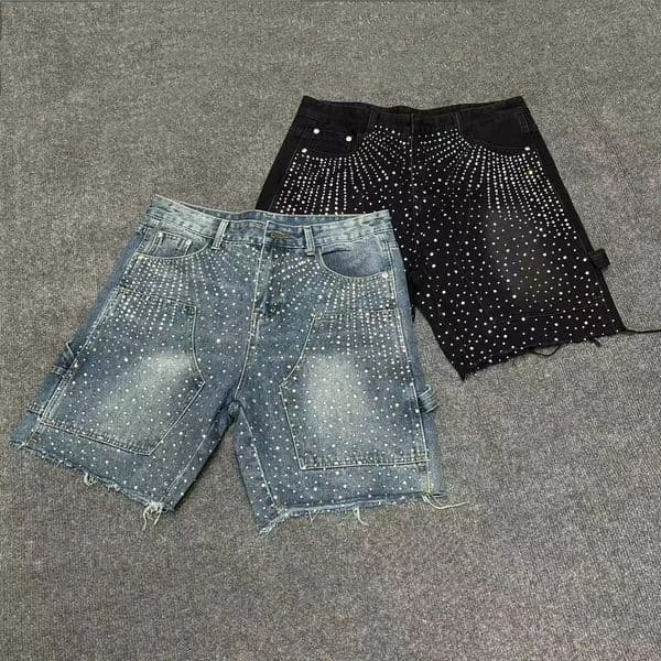 Retro Washed Ripped Denim Shorts Mens Trendy American High Street Rhinestone Small Straight Five-Point Pants 260106