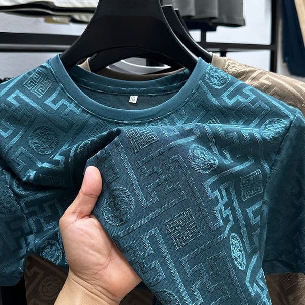 Designer Ice Silk Summer T-shirt Suitable For Middle-aged Men New Breathable Casual Round Neck Tee Thin Jacquard Half Sleeve High-quality Classic Clothing