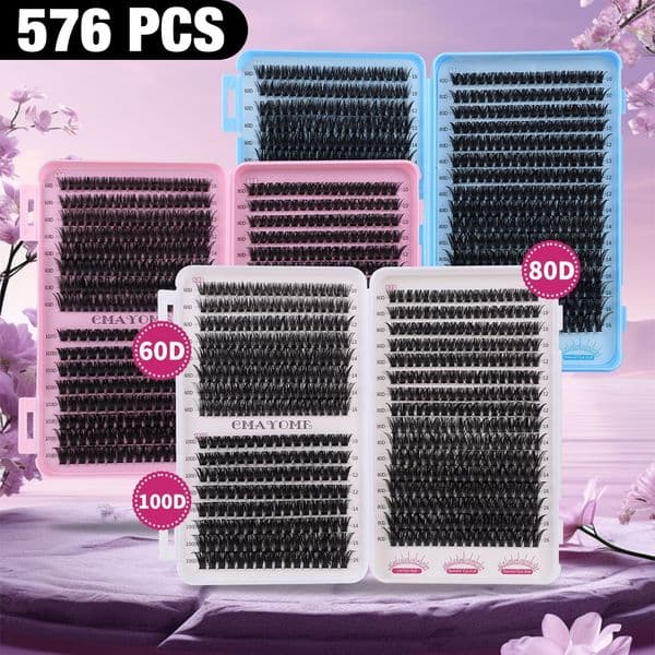 576Pcs DIY Cluster Lashes Kit with Lash Band & Seal Thick Fluffy Individual Eyelashes Soft Lightweight Handmade Reusable D Curled DIY Segmented Eyelash Extensions