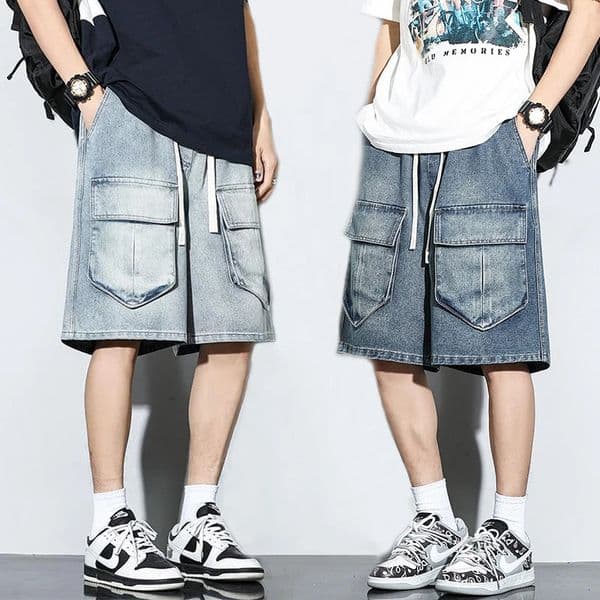 Bermuda Mens Denim Shorts Summer Fashion Loose Jeans Casual Vintage Drawstring Cargo Short Pants Male Streetwear 260106