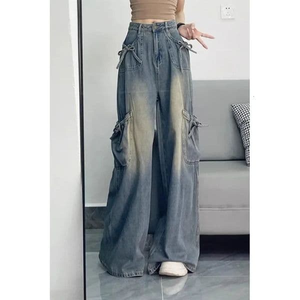 American Retro Bow Tied Denim Jeans for Women 2025 Spring Autumn High Waist Slim Wide Leg Pants with Multi Pockets 260106BANJIA