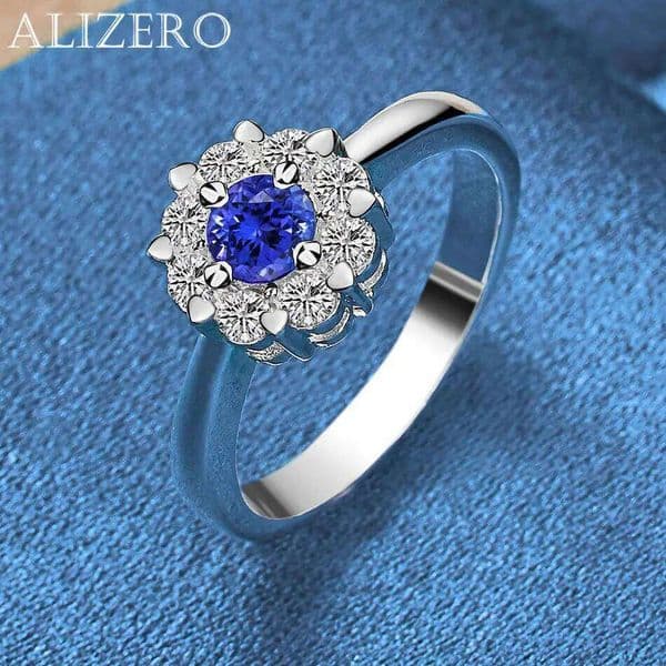 ALIZERO 925 Sterling Silver Shiny Blue Zirconia Ring For Women Wedding Engagement Gifts Fashion Party Charm Jewelry aa33f