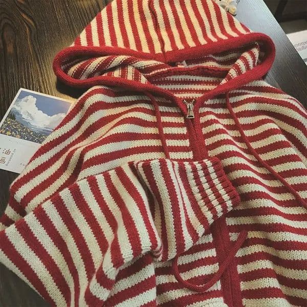 Oversized Knitted Striped Hooded Cardigan Women Autumn Winter Loose Casual Zipper Sweaters Versatile Knitting Outerwear 260106