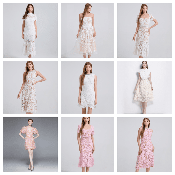Fashion Heavy industry nail bead inlaid diamond round neck waist cinching temperament dress with three-dimensional flower hollow lace temperament dress