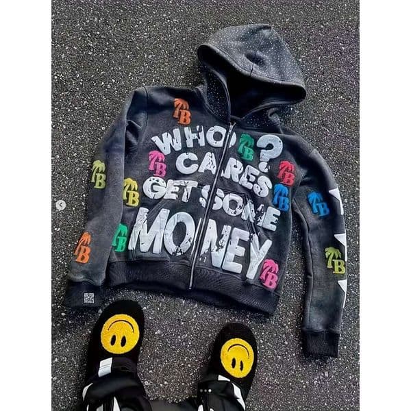 Unisex Y2k Streetwear Zip Hoodie With "Who Cares Get Some Money" Print Colorful Dollar Sign Logo Full-Zip Closure, V-Neck, Long Sleeve, A-Line Silhouette, Front