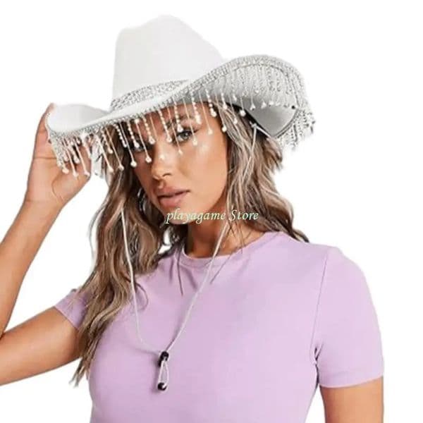 Y88A Vacation Cowboy Hats Diamond Tassels Hand Beading Crystal Gift for Girl Cowgirl Hat for Carnivals Music Festival 260106