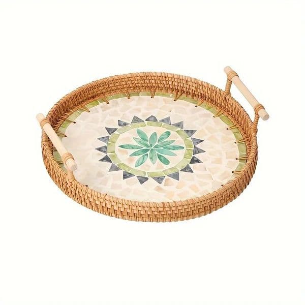 Vietnamese Rattan Woven Tray with Colorful Seashells Snack Fruit Dessert Serving Basket Boho Beach Style Home Dec 260107