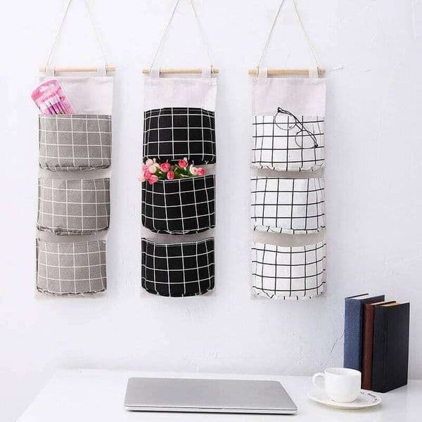 Plaid Cotton Linen Hanging Bag 3 Pocket Door Organizer Wall Mount Pouch for Bedroom Bathroom Storage Holder 26N0107