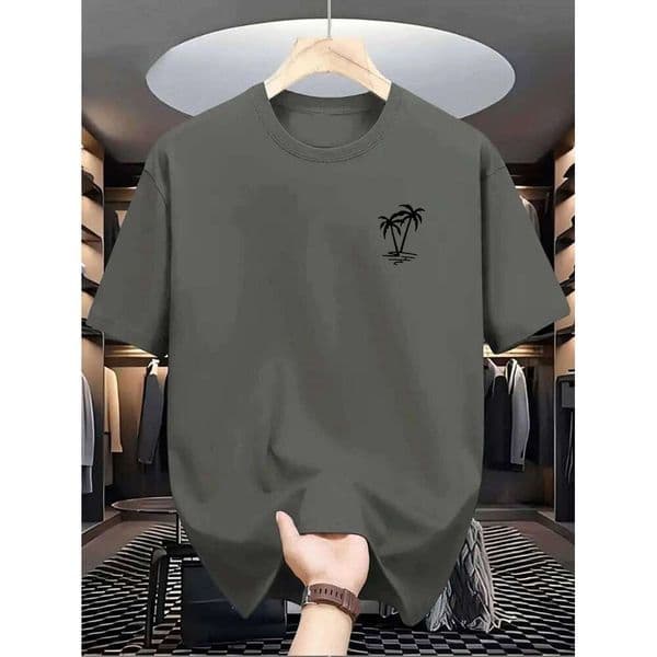 Men's summer 100% cotton fashionable casual loose coconut tree pattern printed sports round neck short sleeved T-shirt top