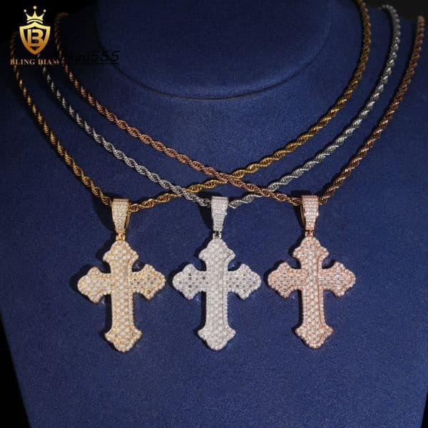 Cross Pendant Charms Baguette Moissanite 925 Sterling Silver Yellow Rose Gold Plated Moissanite Pendant D VVS Pass Diamond Test