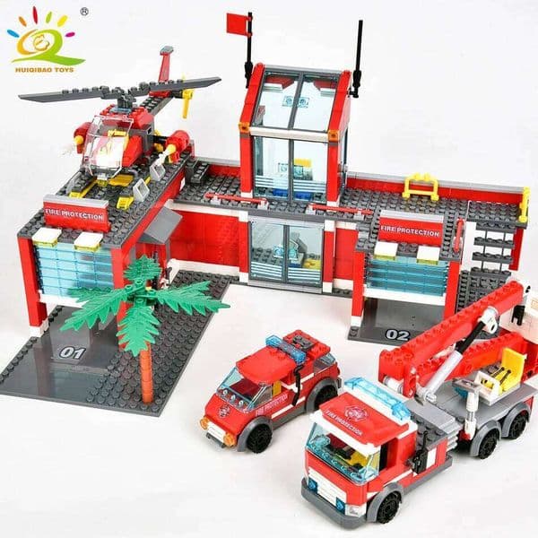 HUIQIBAO 756pcs Fire Station Model Building Blocks Truck Helicopter Firefighter Bricks City Educational Toys For Children Gift W260108
