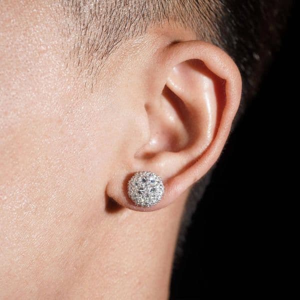 Solid Silver Iced Out VVS Moissanite Mosaic Inverted Men Circle Diamond Studs Earrings