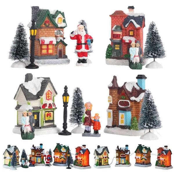 LED Resin Christmas Village Ornaments Set Figurines Decoration Santa Claus Pine Needles Snow View House Holiday Gift Home Decor 260104