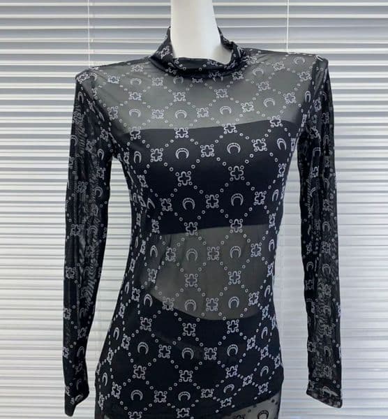 Fashion Women's T-shirt Designer Mesh Transparent Sexy Jacquard Thin Women Half High Neck Moon Base Shirts