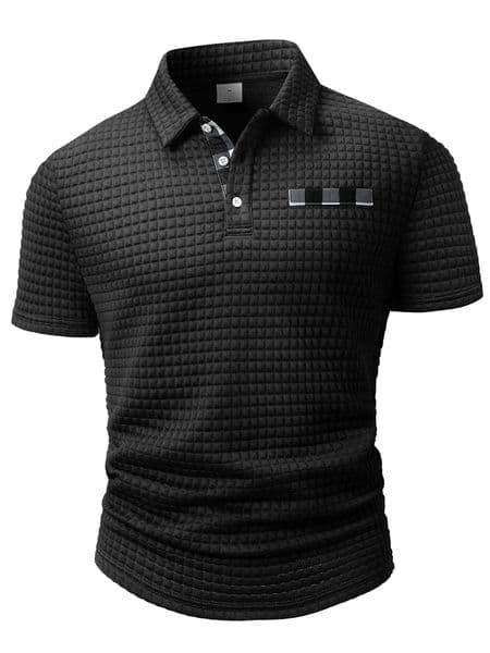 Mens Polo Shirt with Square Plaid Texture Fabric Solid Color Pattern ShortSleeveP oloC ollarT opN onPositionedDi gitalPr 260107