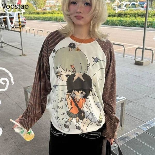Bestselling Y2K style cartoon printed casual T-shirt, retro polka dot spliced long-sleeve loose top, women's streetwear, rock T-shirt ddmytues