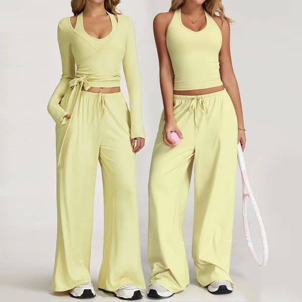 Yoga yellow gym Set 2 Piece Clothes Workout Outfits Fitness Sportswear Wide leg straight pants Tracksuit Sports Tank suit 260106