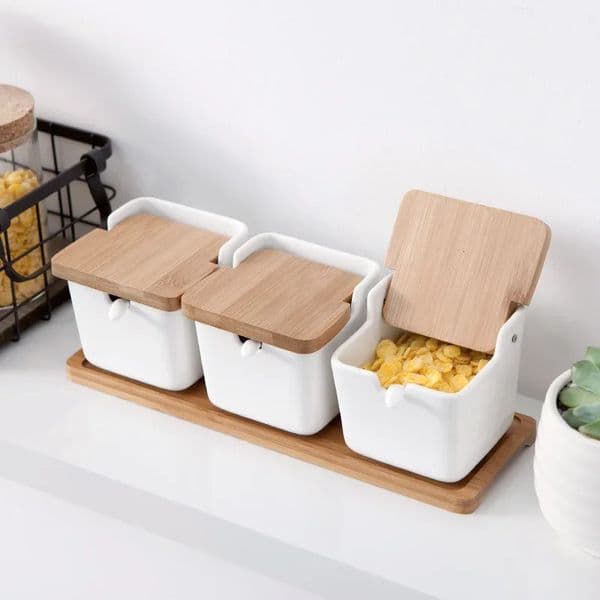 Set of Ceramic Seasoning Rack Spice Pots Bowls With Spoon Porcelain Box and Bamboo Cover Storage Container Condiment Jars 260108