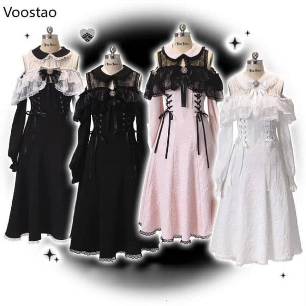 Bestseller Japanese Elegant Sweet Lolita Women Gothic Bow Lace Ruffles Patchwork Off Shoulder Long Dress Y2k Party Princess Dresses ddmytues