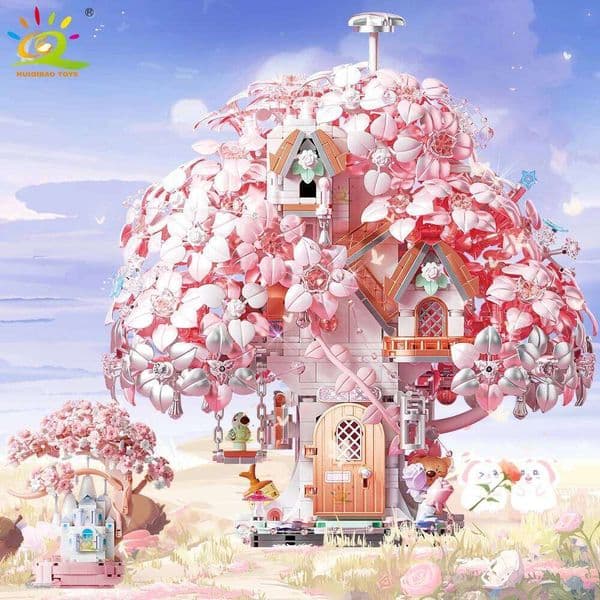 HUIQIBAO DIY Discoloration Cherry Blossom MOC Flower Pink Tree House Building Blocks Classic Model Bricks Sets Kid Romantic Gift W260108