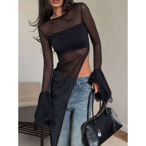 Nibber Irregular Hem t-Shirt Women Patchwork Sexy o-Neck Flared Sleeves Summer Daily Fashion Midnight Skinny Hottie Long Tops