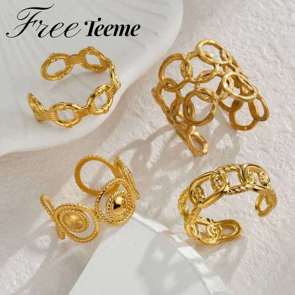 Acheerup Hollow Geometric Open Ring for Women 14K Gold-plated Stainless Steel High Quality Adjustable Rings Couple Jewelry Gifts