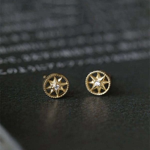 Hexagonal Star Compass Stud Earrings 14K Gold-Plated Diamond-Studded Earrings Women's Minimalist Jewelry
