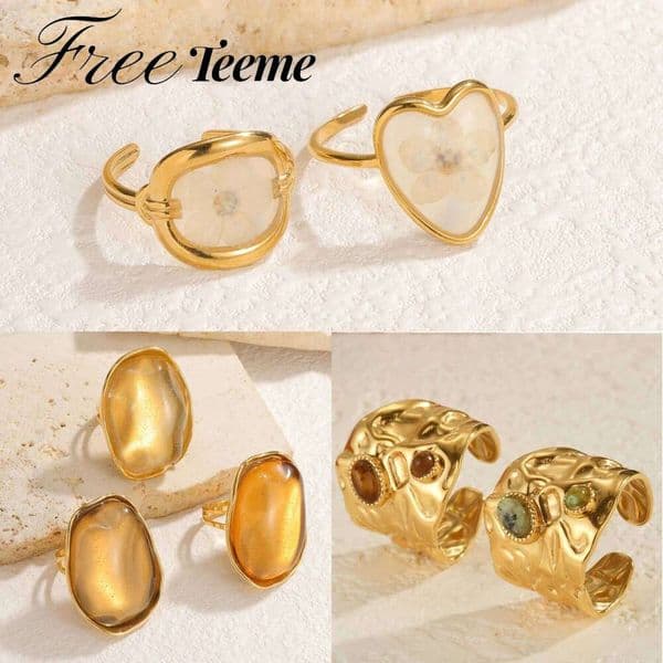 Freeteeme High-End Inlaid Stone Irregular Ring for Women Stainless Steel Dried Flower Open Rings Birthday Jewelry Party Gifts