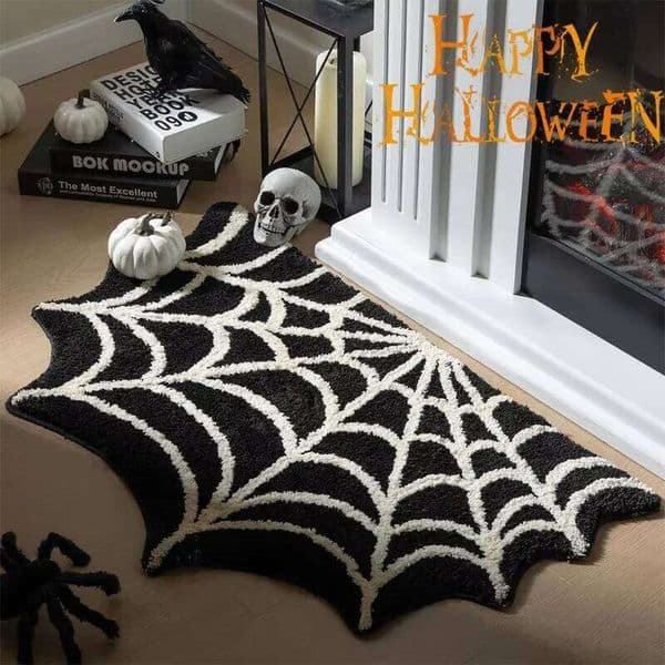 Black Spider Web Bathroom Rug Halloween Decor Spooky Gothic Bath Non-Slip Tufted Mat for Front Door Living 26H0108