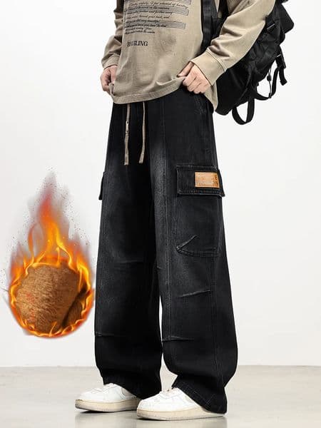 Mens Winter Fleece Cargo Jeans with 5 Pockets Wide Leg Straight Baggy Brushed Warm Denim Pants Asian Size L6XL 260107