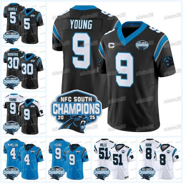 Women Youth Pantheres South Division Champions Football Jersey Young Rico Dowdle Tetairoa McMillan Jaycee Horn Chuba Hubbard Sam Mills Julius Peppers