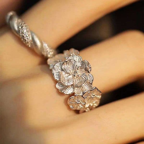 925 Sterling Silver Rings For Women Vintage Handmade Adjustable Flower Ring Fashion Band Female Bijoux Gift