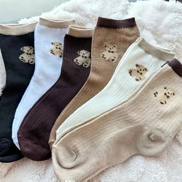 5 Pairs of Mixed Color Teddy Bear Mid Tube Socks with Cute Cartoon Pattern n Suitable for Casual Wear in All Seasons 260107BANJIA