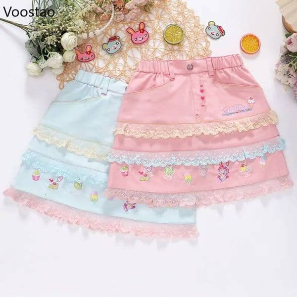 Bestseller Japanese Kawaii Lolita Style Mini Skirts Women Sweet Cute Cartoon Bunny Embroidery Lace Ruffles Skirt Girl Y2k Cake Faldas Mujer ddmytues