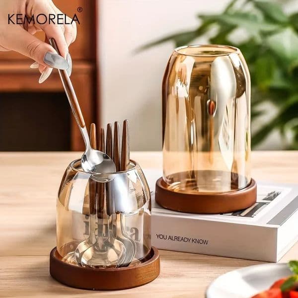 KEMORELA 1PCS Tableware Storage Jar with Tray Chopsticks Organizer Knife Fork Rack Fruit Holder for Kitchen Organization 260108