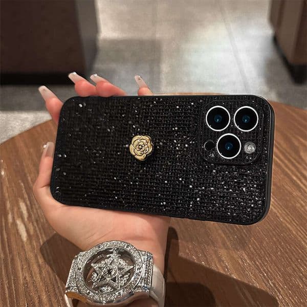 For 17 pro max Sparkling Diamond Camellia Figurine Compatible with Apple 16 Pro Max Phone Case iPhone 15 High-end Feel 14 Full Coverage Shockproof phone case