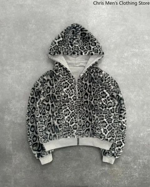 Twosided Clothing Harajuku Retro Leopard Print Fashionable Loose Zipper Hoodie Men Street Hiphop Casual Sweatshirt Women y260107
